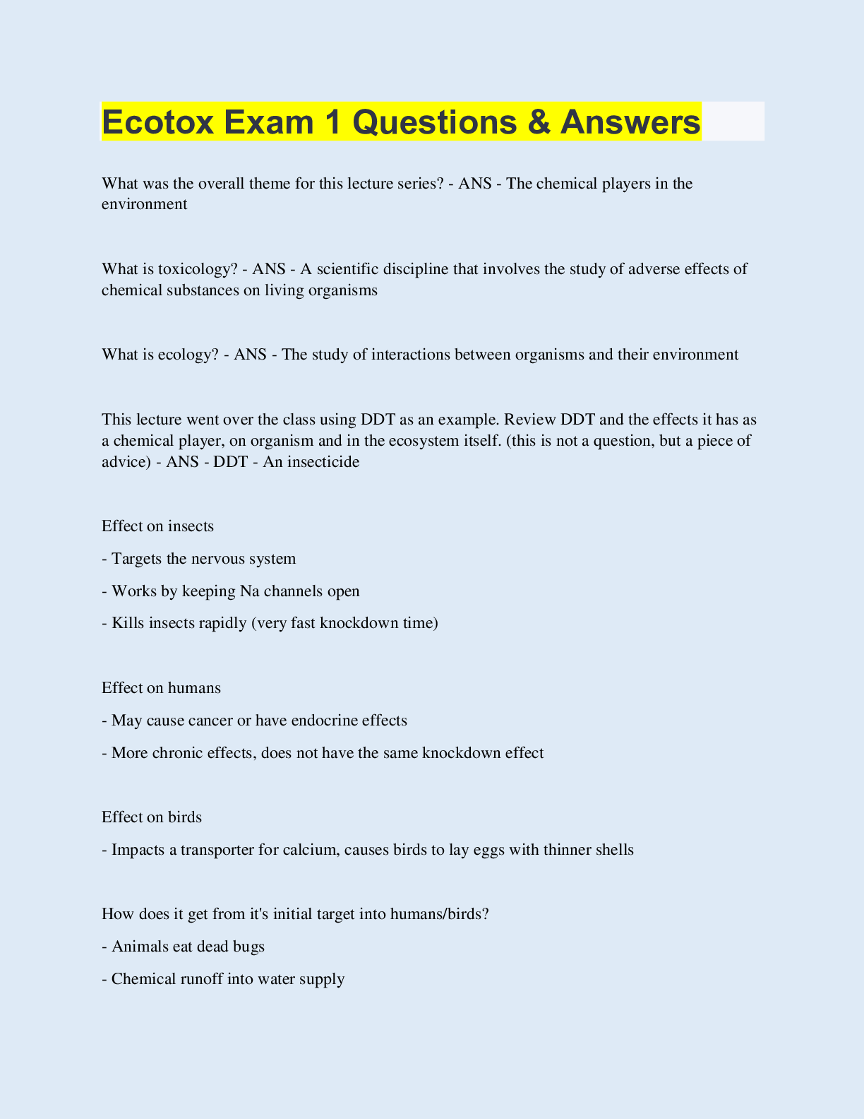 Preview image for Ecotox Exam 1 Questions & Answers  | 55 Questions with 100% Correct Answers | Updated & Verified